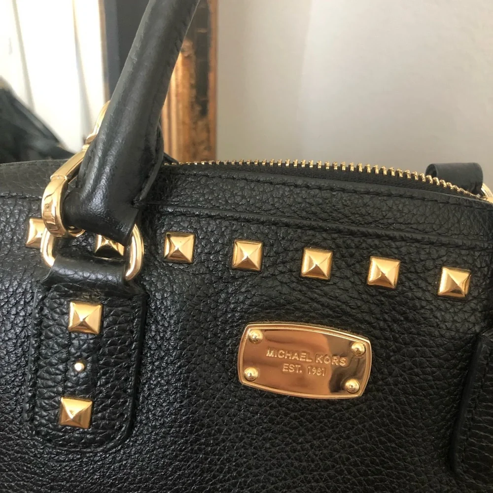 Michael Kors Black Leather Studded Satchel with Gold Hardware - Picture 2 of 6